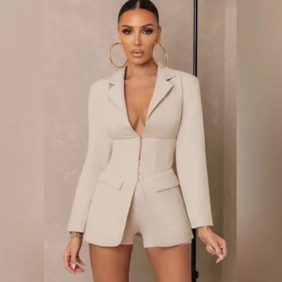 Club L London | “Unbeaten” Cream Plunge Corset Waist Blazer | Size 6 - Picture 3 of 16